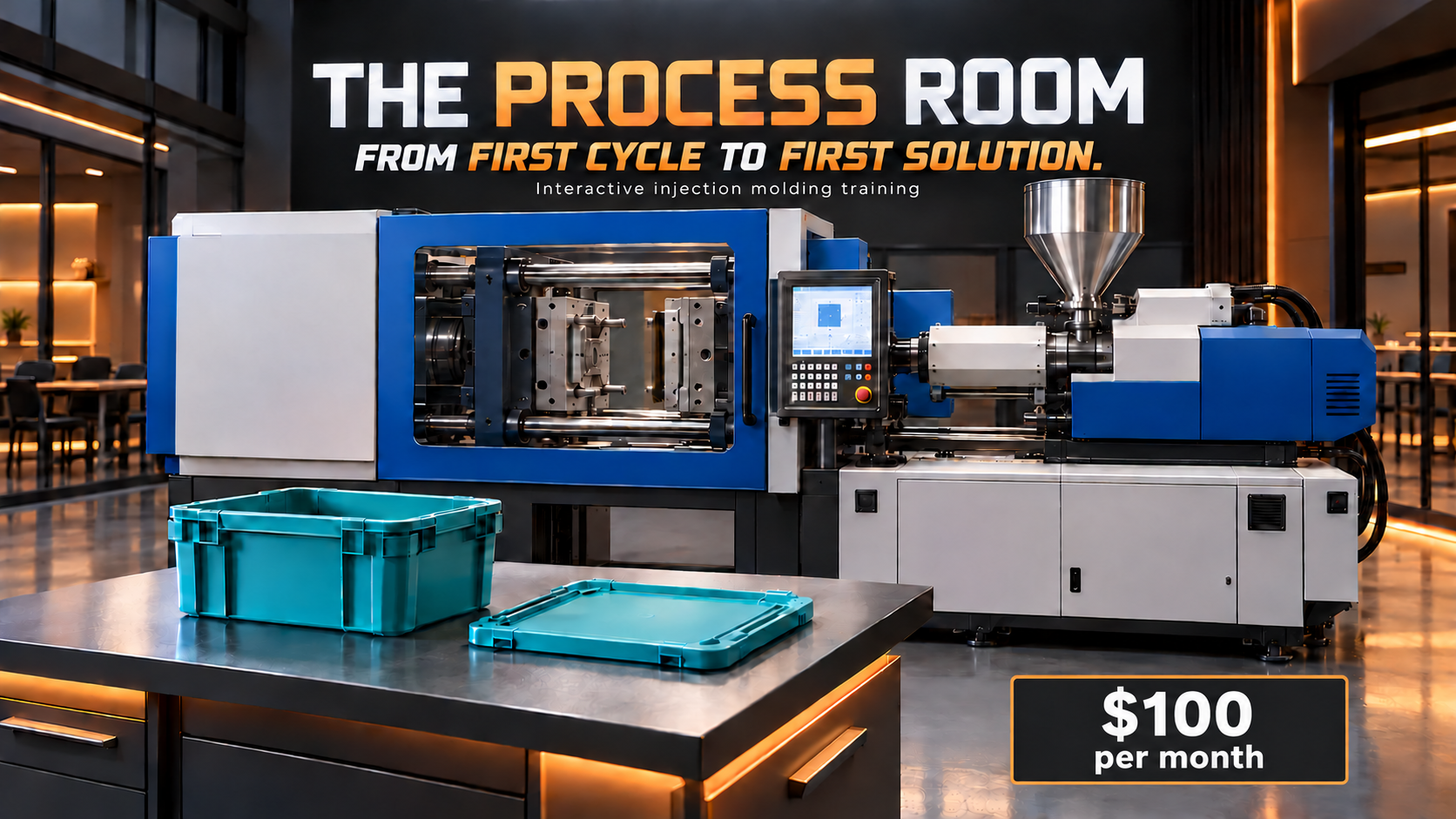 The Process Room. From first cycle to first solution. Interactive injection molding training. An injection molding press with a bin and lid on the inspection table. $100 per month per subscription.